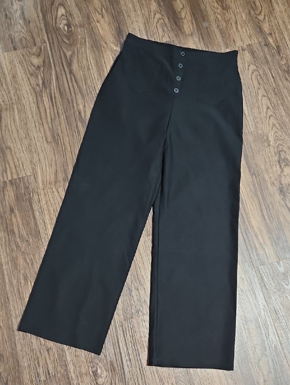 Black High Waist Wide Leg Pants Elastic Back Waist Front Button Detail Size Larg